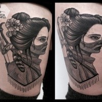 Illustrative style black and white thigh tattoo of Asian woman archer
