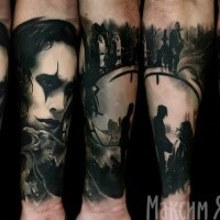 Illustrative style black ink forearm tattoo of tv movie Crow hero