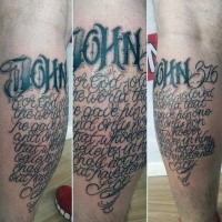 Illustrative style black ink leg tattoo of lettering with number