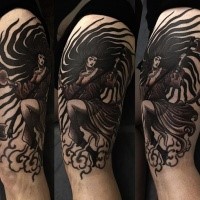 Illustrative style black ink shoulder tattoo of fantasy woman