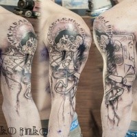 Illustrative style black ink shoulder tattoo of zombie with lettering