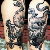 Illustrative style black ink thigh tattoo of fantasy dragon