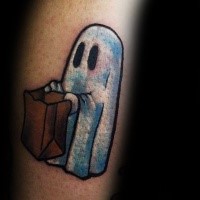Illustrative style cartoon like funny looking ghost with paper bag