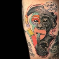 Illustrative style colored arm tattoo of cute monkey with lettering