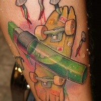 Illustrative style colored arm tattoo of ink marker with skateboard