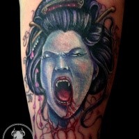 Illustrative style colored arm tattoo of bloody geisha vampire