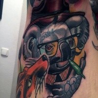 Illustrative style colored arm tattoo of koala bear