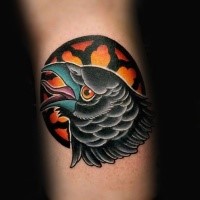 Illustrative style colored arm tattoo of big crow with window