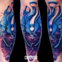 Illustrative style colored arm tattoo of fantasy alien face