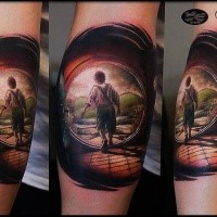 Illustrative style colored arm tattoo of little Hobbit