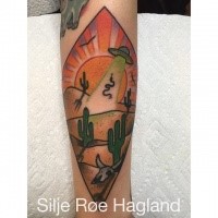 Illustrative style colored arm tattoo of desert with alien ship