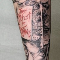 Illustrative style colored arm tattoo of creepy man with lettering