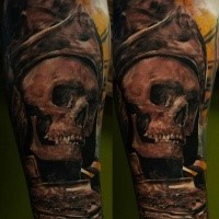 Illustrative style colored arm tattoo of pirate skeleton with helmet