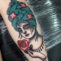 Illustrative style colored arm tattoo of beautiful woman with flowers