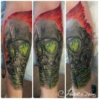 Illustrative style colored arm tattoo of fantasy man with gas mask