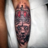 Illustrative style colored arm tattoo of king lion