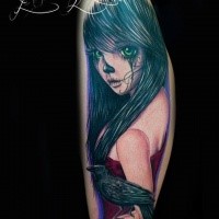Illustrative style colored arm tattoo of beautiful woman with crow