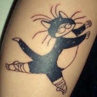 Illustrative style colored arm tattoo of dancing cat