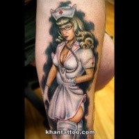 Illustrative style colored arm tattoo of sexy nurse