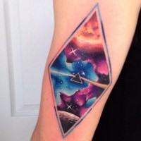 Illustrative style colored arm tattoo stylized with space