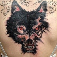 Illustrative style colored back tattoo of werewolf with demonic skull