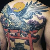 Illustrative style colored back tattoo of big bird with temple and sun