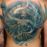 Illustrative style colored back tattoo of creepy Hinduism Goddess