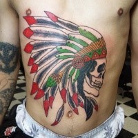 Illustrative style colored belly tattoo of Indian skull
