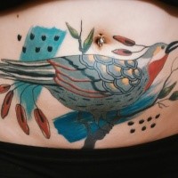 Illustrative style colored belly tattoo of bird