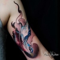 Illustrative style colored biceps tattoo of flying eagle