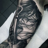 Illustrative style colored biceps tattoo of woman with pistol