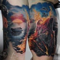 Illustrative style colored biceps tattoo of big bear with boat