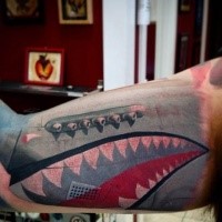 Illustrative style colored biceps tattoo of military plane part