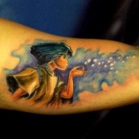 Illustrative style colored biceps tattoo of cool looking man