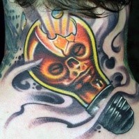 Illustrative style colored bulb tattoo on neck