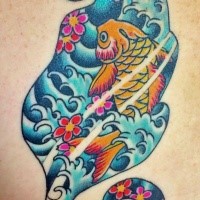 Illustrative style colored cat shaped tattoo stylized with carp fish and flowers