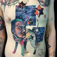 Illustrative style colored chest and belly tattoo of man with stars