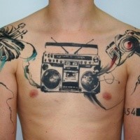 Illustrative style colored chest and shoulders tattoo of old record player