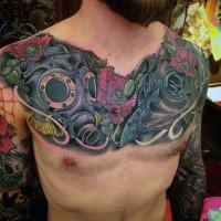 Illustrative style colored chest tattoo of interesting shaped gas masks