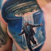 Illustrative style colored chest tattoo of alien ship stealing man in suit