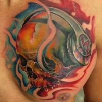 Illustrative style colored chest tattoo of human skull with headset