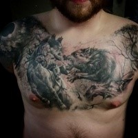Illustrative style colored chest tattoo of horse rider warrior with wolverine