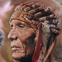Illustrative style colored chest tattoo of Indian man with helmet