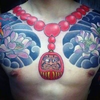 Illustrative style colored chest tattoo of daruma doll necklace and flowers