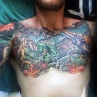 Illustrative style colored chest tattoo of various dinosaur