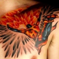 Illustrative style colored chest tattoo of flying Icarus