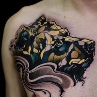 Illustrative style colored chest tattoo of sad dog