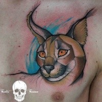 Illustrative style colored chest tattoo of caracal head