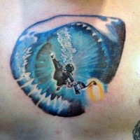 Illustrative style colored chest tattoo of diver and shark
