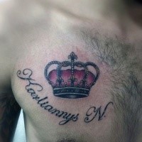 Illustrative style colored chest tattoo of crown and lettering